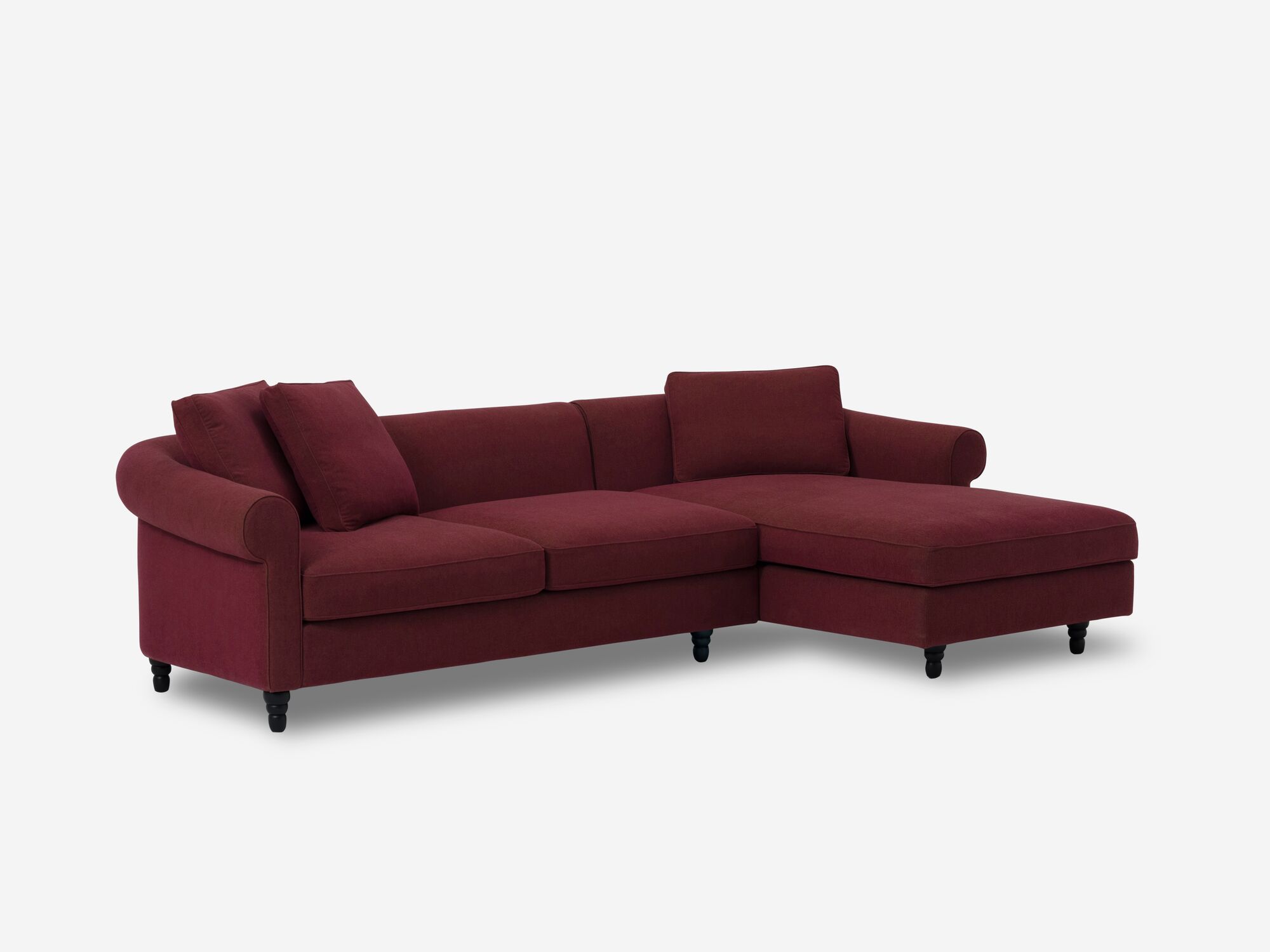 Deep red modern right hand facing sectional sofa corner view